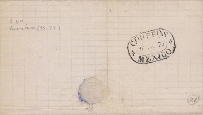 G)1877 MEXICO, COMPLETE LETTER, FRANCO EN QUERETARO, HIDALGO