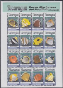 NICARAGUA Sc # 1962a-p(r) CPL MNH SHEET of 16 DIFF FISH, with INDOPEX '93 EMBLEM