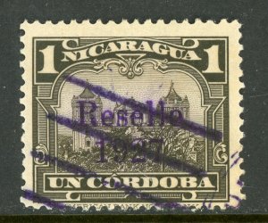 Nicaragua 1927 Cathedral Provisional 1 Cordoba w/Ditto Ink OP VFU R388 ⭐