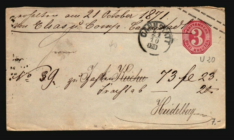 Wurttemberg 1860s Stationery Cover  - Z17142