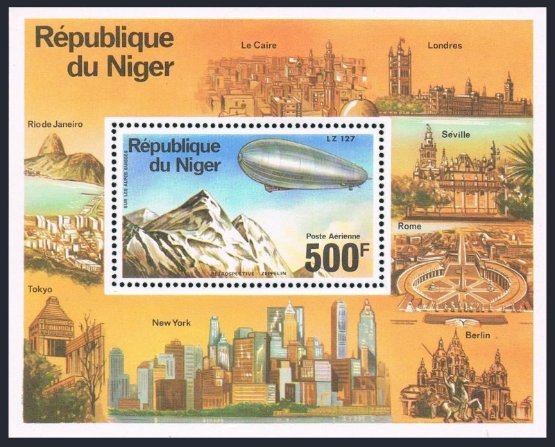 Niger C278,MNH.Michel Bl.14. Zeppelin-75,1976.Zeppelins over Swiss Alps.