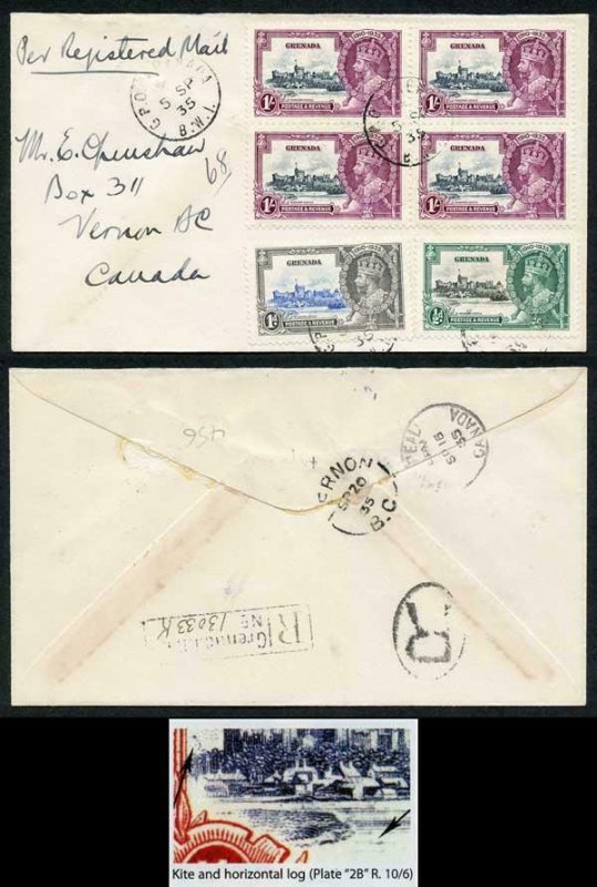 Grenada SG148l 1935 Silver Jubilee 1/- with Kite and Horizontal Line on cover