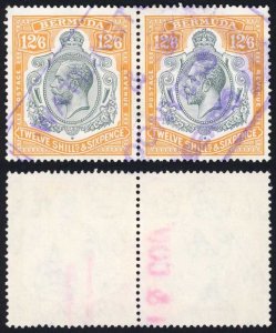 Bermuda SG94c KGV 12/6 Grey and Orange PAIR Fiscal Cancel Nick in Top Right Scr