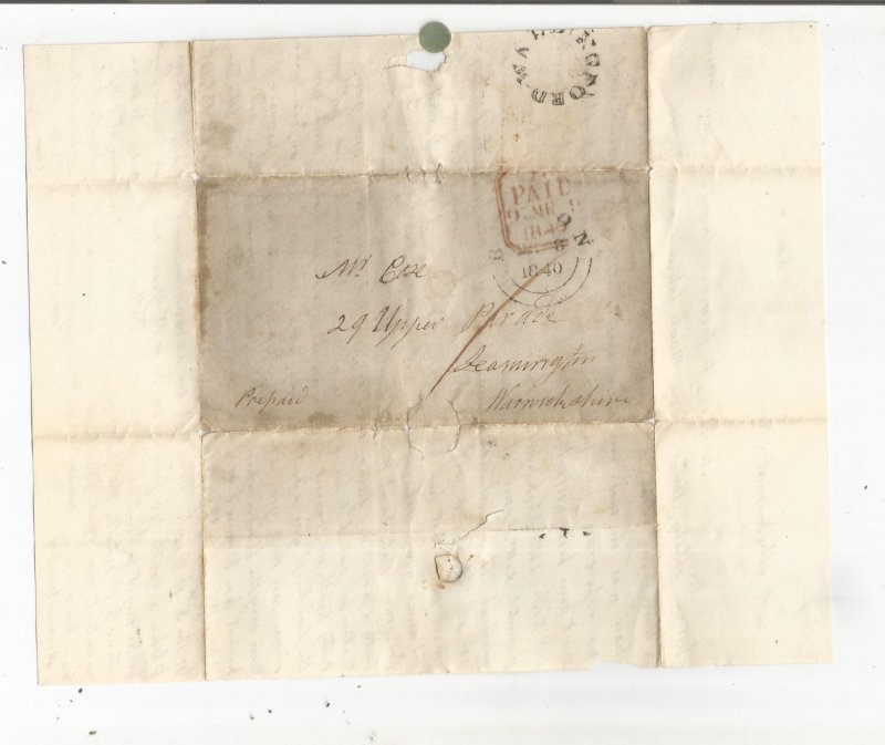 1840 GREAT BRITAIN STAMPLESS FOLDED LETTER