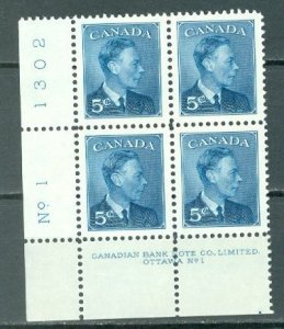 CANADA 1950  GEO VI  #293 LL PL 1 CORNER BLK MNH...$9.50