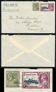 Leeward is SG91 1935 1/- jubilee and Antigua 2d used on commercial cover