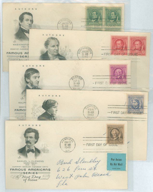 US 859-863 1940 Authors (set of five/part of the Famous Americans series) on five addressed FDCs with matching Artcraft cachets