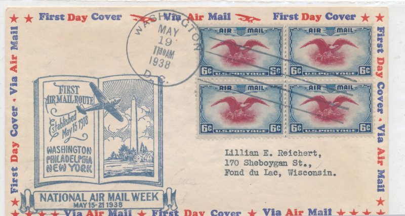 US C23 Airmail, Eagle Holding Shield, 1938 FDC, BL/4, Washington DC,