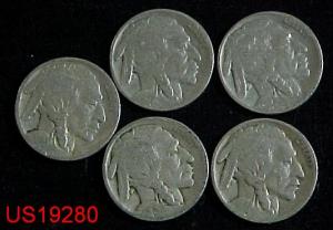 Five different circulated BUFFALO NICKELS