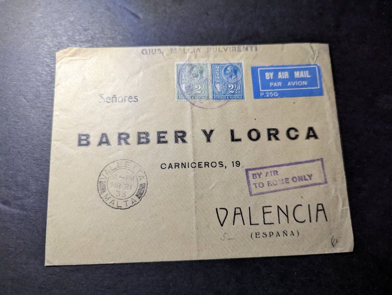 1933 British Malta Airmail Cover Valletta to Valencia Spain