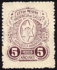 1913, Argentina Salta, 5P, Revenue stamp (Fines Tax), MH