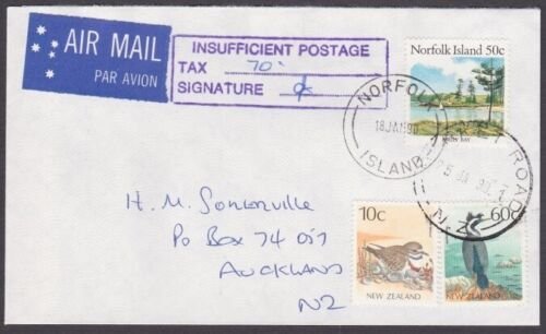 NORFOLK IS 1990 cover to New Zealand, Insufficent Postage + postage due.....X164 