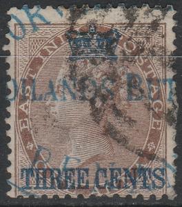 Malaya Singapore 1867 Straits Settlements opt India 3c on 1a Used SG#3 CV£95