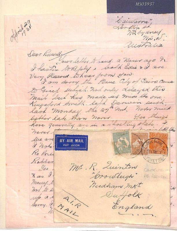 AUSTRALIA Cover KANGAROO FRANKING 1s/11d Rate GB 1931 Contents Re AIRMAIL MS3937