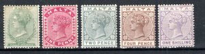 Malta 1885-90 TB Values 1s Sg 20, 22, 23, 27 and 29 MH-