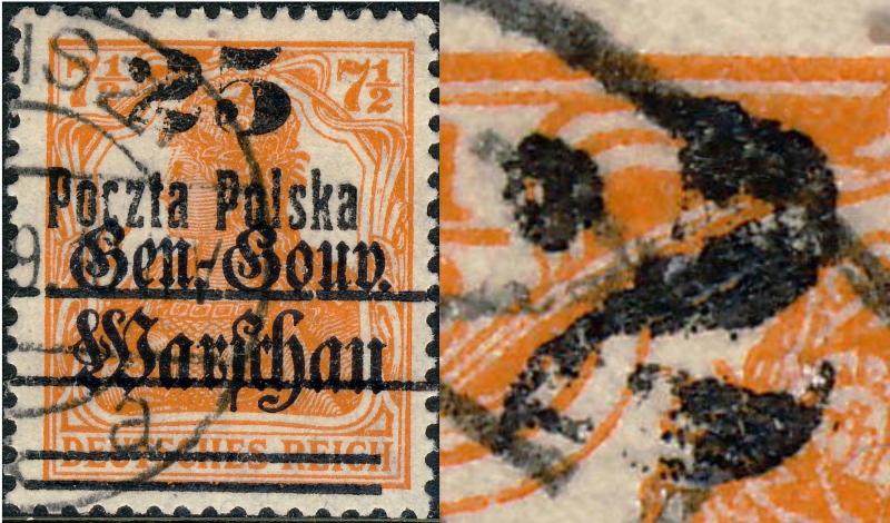 POLOGNE / POLAND - 1918 Mi.16.I  25f / 7 1/2pf O/P t.I Broken 2 Variety - CTO