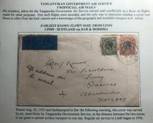 1933 Lindi Tanganyika Early Unofficial Airmail Cover To Braemar Scotland