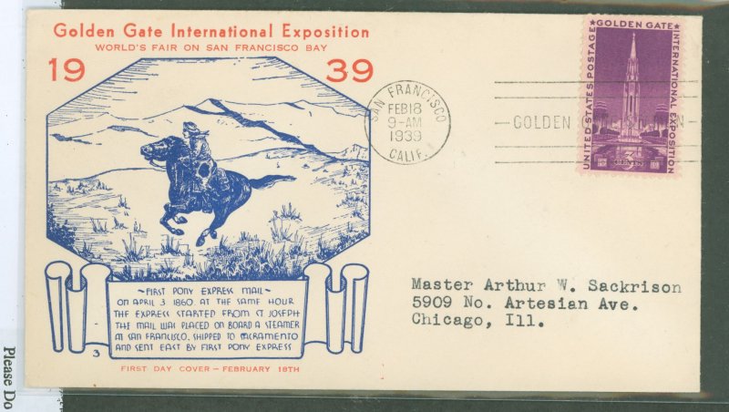 US 852 1939 3c Golden Gate International Exposition on an addressed (typed) FDC with a Cal-Craft cachet (#3)