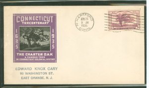 US 772 1935 3c Connecticut Tercentenary The Charter Oak single on an addressed first day cover with an Ioor cachet.