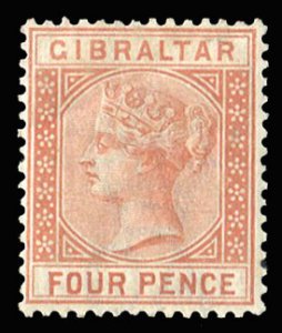 Gibraltar #16 Cat$90, 1886 4p orange brown, hinged
