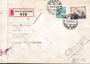 Switzerland 1941 Registered Cover Basel to Allepo, Syria  Triple Censors VF