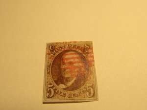 US STAMP, Scott #1 Orange GRID Cancel, Used 1847, 4 Margins,