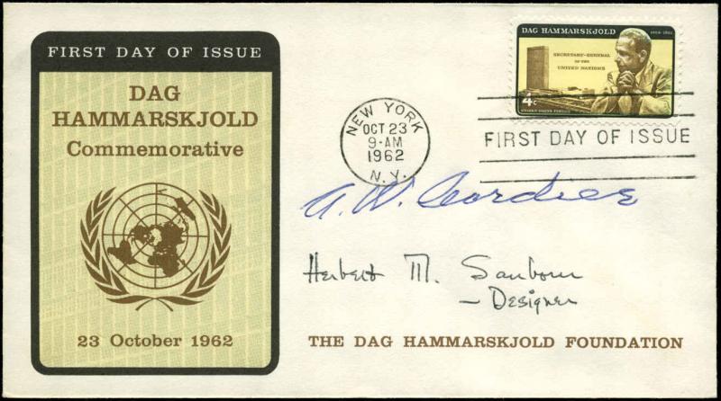 US FDC #1203 #M29 1st Hammarskjold Foundation Cachet New York,NY Designer Signed