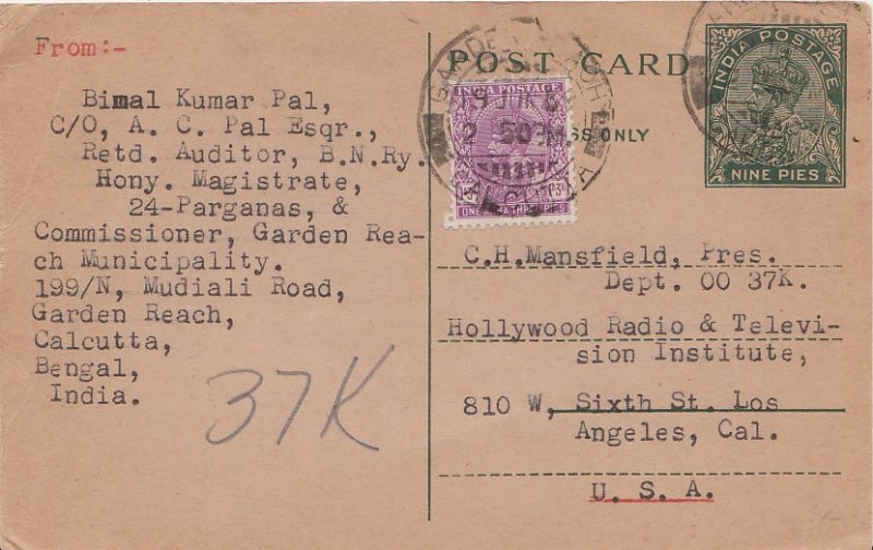 India 1a3p KGV on 9p KGV Postal Card 1939 Garden Beach, Calcutta to Los Angel...