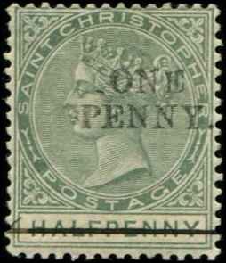 St Christopher SC# 21 Victoria ONE PENNY o/p on 1/2d MH