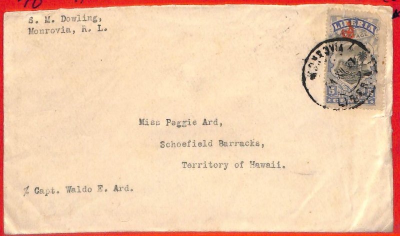 aa0336 - LIBERIA - POSTAL HISTORY -  COVER to HAWAII - USA  1927