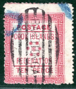 COOK ISLANDS QV Stamp SG.4 10d Carmine (1892) Used *RAROTONGA* Cat £150 SBB38