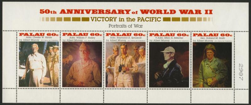 Palau 380 MNH WWII, Military Leaders, Nimitz, Halsey, Spruance, Mitscher