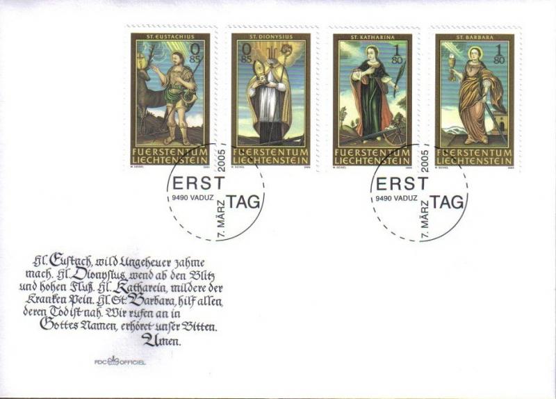 LIECHTENSTIEN 2005 14 AUXILARY SAINTS III 4V COMPLETE SET ON FDC # 7594