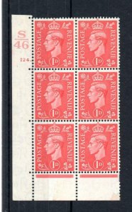 GEORGE VI 1d PALE RED MOUNTED MINT CONTROL S46 CYLINDER 124. BLOCK Cat £30