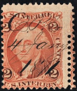 R15c 2¢ Revenue: Internal Revenue: Double Row of Perforations (1862) Used