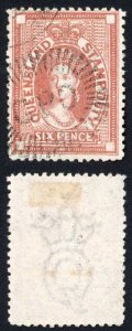 Queensland SGF17 6d Red-brown Wmk Large Crown Postally Used Cat 55 pounds