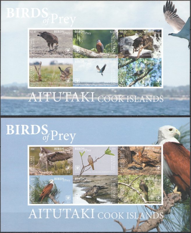 FAT110 ! RARE IMPERF 2018 AITUTAKI BIRDS OF PREY OWLS MICHEL 70 EURO 2KB MNH