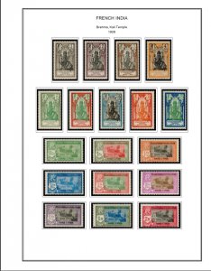 COLOR PRINTED FRENCH INDIA 1892-1954 STAMP ALBUM PAGES (29 illustrated pages)