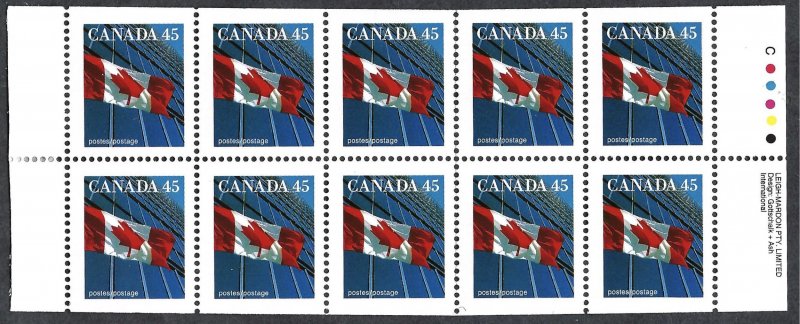 Canada #1361a 45¢ Flag over Building (1995). Pane of 10 stamps. MNH