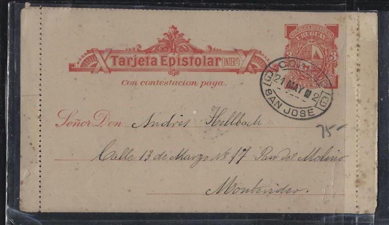 URUGUAY (P0105B)  1902 PS LETTER CARD USED SAN JOSE TO MONTEVIDEO