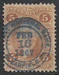 US Revenue stamp, Sc R26c Used 5c Foreign Exchange, Blue bank cancel, F-VF