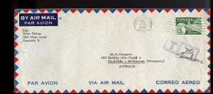 1958 to Australia short-paid postage due T30 w/ 20c Pulp Paper air Canada cover