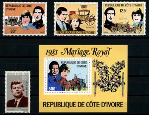 Ivory Coast Sc#593-6, C29 Royal Marriage Diana & Charles plus Kennedy All VF MNH