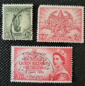 Australia, 1932-53, Lyre Bird, WW II Peace, QE II Coronation, used, SCV$5.00