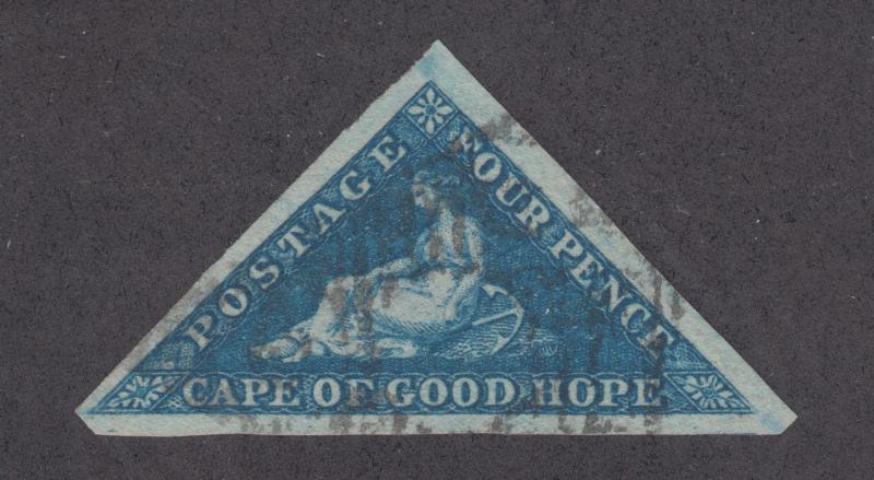 Cape of Good Hope Sc 2 used. 1853 4p deep bue Hope Seated triangular, almost VF