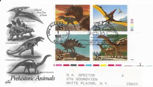 1989 FDC, #2425a, 25c Prehistoric Animals, Art Craft, plate block of 4