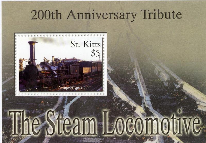 ST KITTS 598 MNH S/S SCV $3.75 BIN $2.25 TRAINS