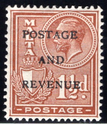 152 Malta, MHOG, 1½p, 1928, Stamp of 1926-1927 O/P POSTAGE AND REVENUE