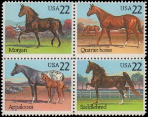 United States # 2158a, Complete Set, Block Of 4, 1985, Horses, Never Hinged