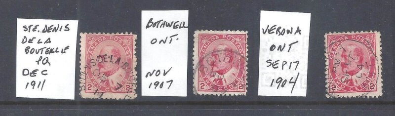 Canada # 90 USED 3 x KEVII SOCKED-ON-NOSE TOWN CANCELS BS27748